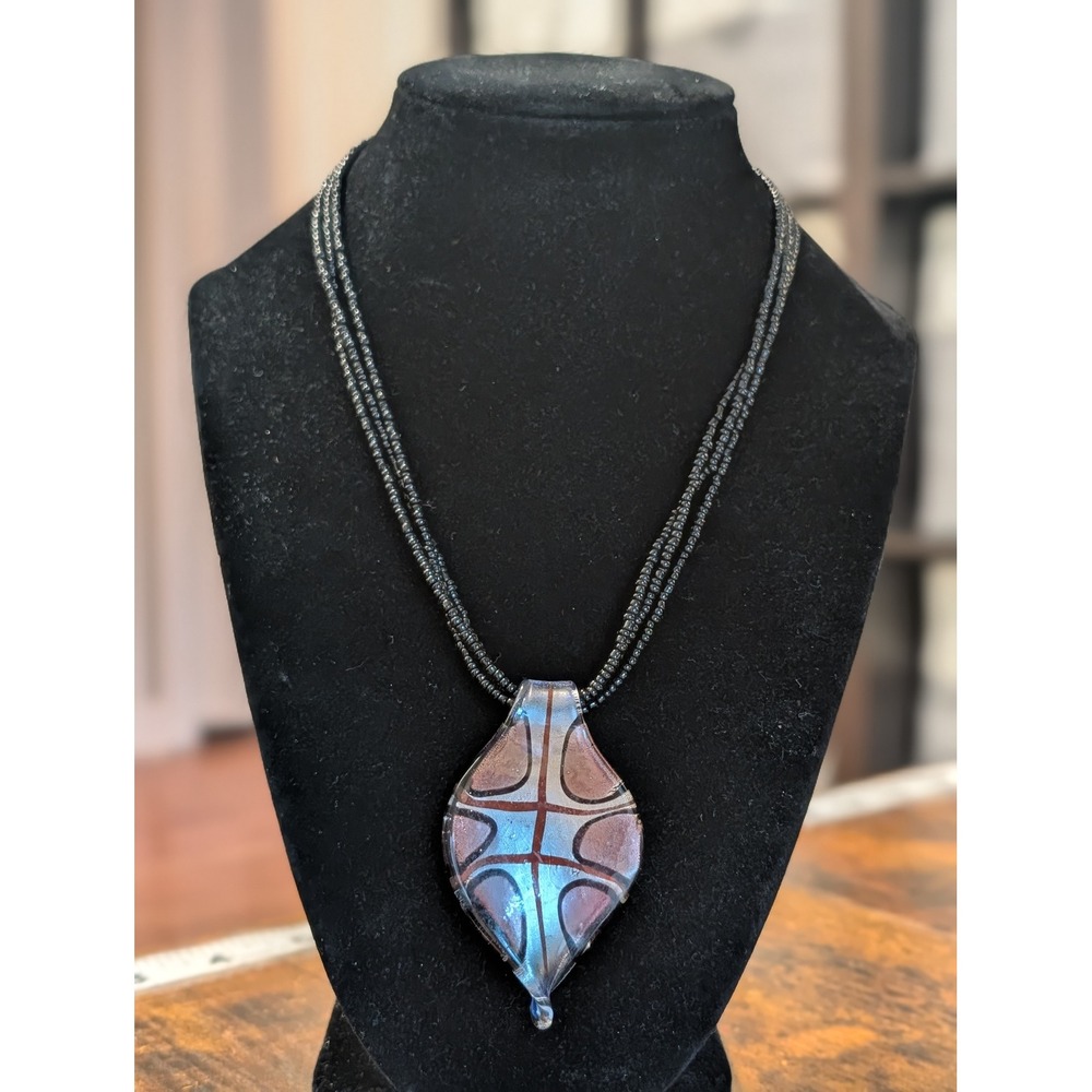 Murano-style Art Glass Leaf Pendant Necklace Black Seed Bead Multi Strand Boho